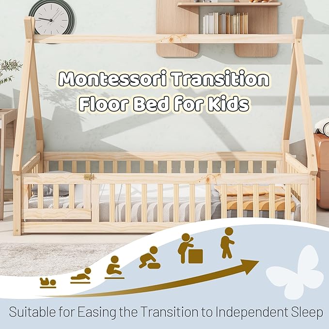 Twin House Bed Frame with Fence Rails and Door,Wood Montessori Floor Bed with Slats Support,Teepee Tent Beds Kids Bed Frames for Girls Boys, Natural