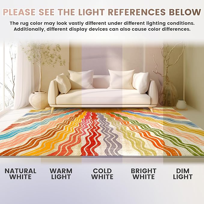 Washable 9x12 Sun Area Rug for Living Room, Rainbow Sun Modern Retro Large Area Rugs, Ultra Thin Low Pile Lightweight Soft Indoor Floor Carpet with Non-Slip Backing for Bedroom Kids Nursery Play Room