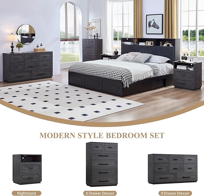 Grey 6 Drawer Dresser for Bedroom, 44" Tall Dresser & Chest of Drawers with Solid Wood Handle, Large Wood Storage Dressers Organizer for Bedroom, Living Room