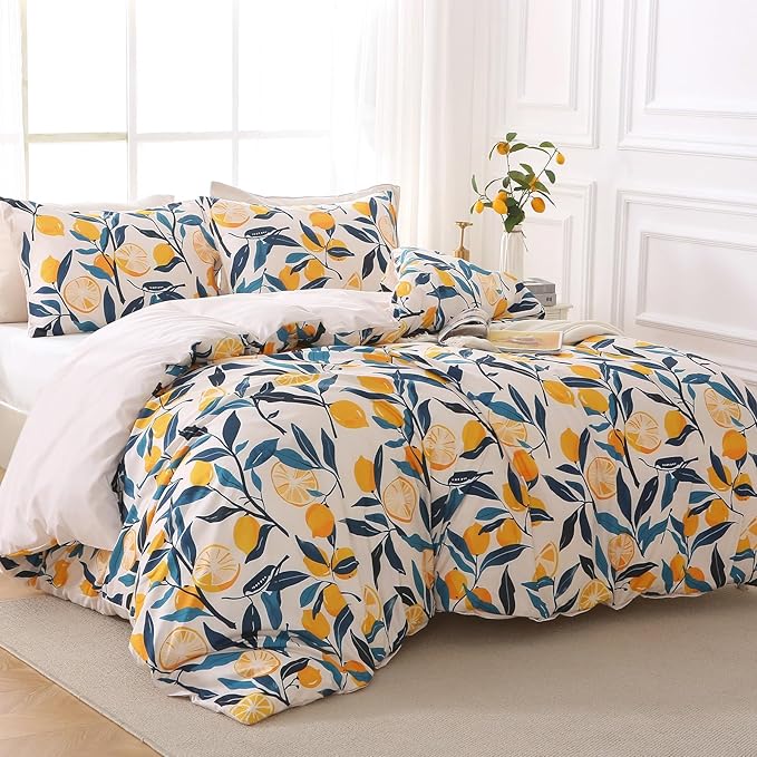 Duvet Cover King Size, Reversible Floral Vintage Duvet Cover Set with Zipper Closure, 3 Pieces Botanical Patterns Soft Microfiber Bedding Set (90"x104", 2 Pillow Cases 20"×36", Lemon Flower Green)