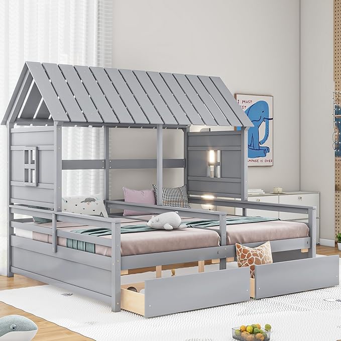 Harper & Bright Designs Twin Size House Platform Beds with Two Drawers for Boy and Girl Shared Beds, Combination of 2 Side by Side Twin Size Beds, Gray