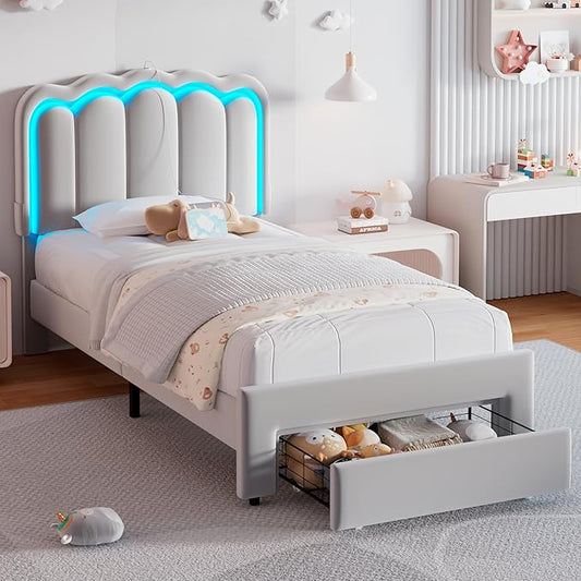 Twin Upholstered LED Bed Frame with Storage Drawer and Adjustable Chic Double Wavy Headboard, Velvet Princess Platform Bed for Girls/Kids, Solid Wood Slats Support, No Box Spring Needed, Grey