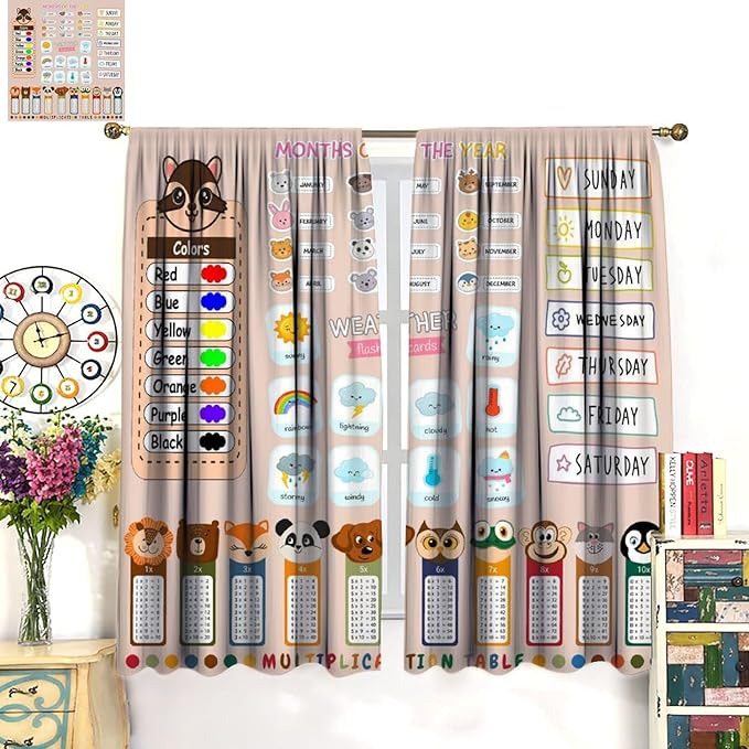 Funny Kids Educational Alphabet Curtain Cartoon Colorful Weather Multiplication Table Printed Rod Pocket Window Treatments for Bedroom Living Room Decor 42" W X 45" L