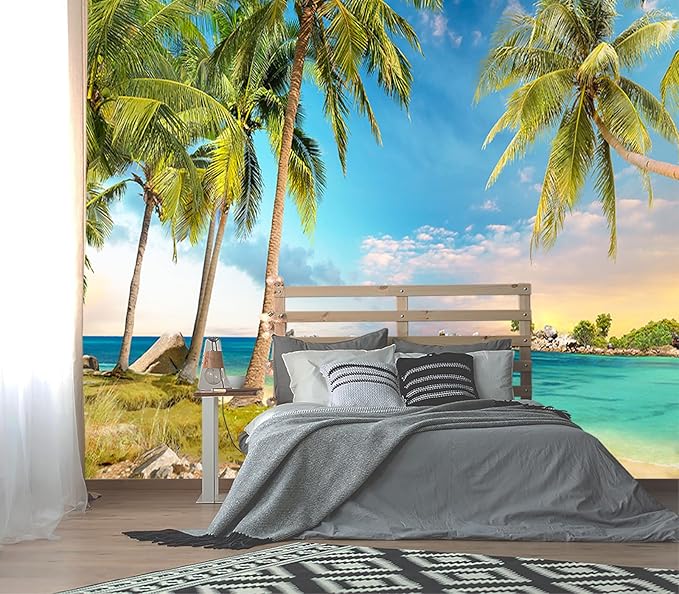 XMPMBM-Beach Palms Landscaping Fabric Wallpaper Tree Leaf Living Room Bedroom Bathroom Wall Mural-W 154" X H 105"（112 Square Foot）