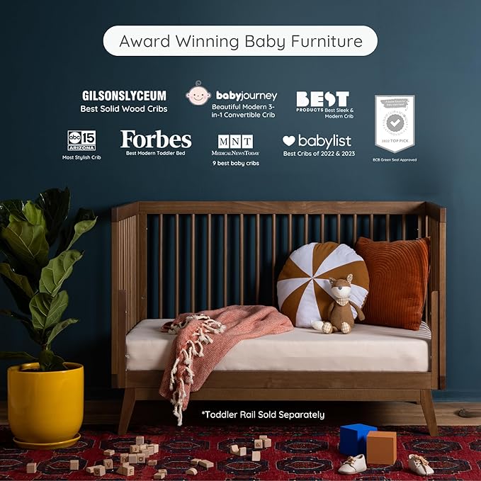 dadada Baby Soho 3 in 1 Convertible Wooden Crib to Toddler Bed - Made in Italy, GREENGUARD Gold Certified, Baby-Safe Finish, Sustainable Beech Wood, Modern Design, 3 Adjustable Heights (Walnut)
