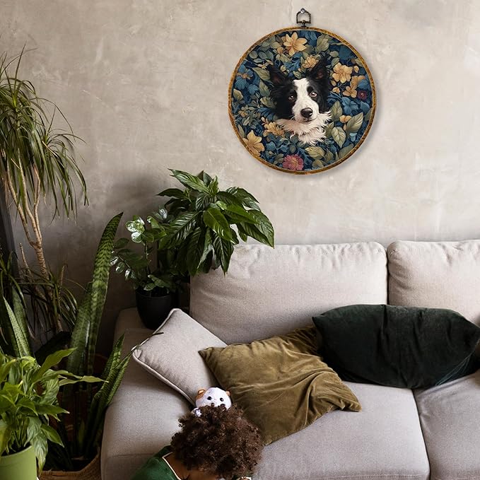 Hiuwevt Vintage Floral Border Collie Round Wall Art Decor, Border Collie Gifts Framed Canvas Prints, Cottagecore Flower Dog Round Wall Hanging Decor for Home Bedroom Room Decorations, 10x10 Inches