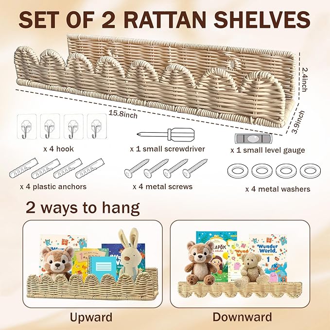 Nursery Book Shelves, 2Pcs Artisanal Natural Rattan Scalloped Book Shelf for Kids Rooms, Rattan Wall Shelves for Books, Toys, Photo Frames, Nursery, 15.8 x 4 Inch