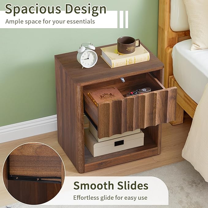 Fluted Dresser, Small Nightstands Set of 2, Natural Bedside Table with Drawer and Storage, Mid Century Modern Side Table for Bedroom Sofa
