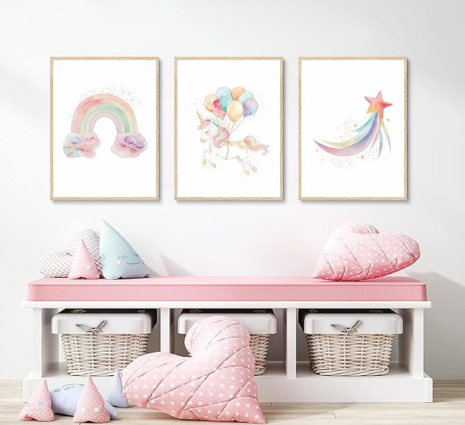 Burshley 3pcs Unicorn Wall Art Canvas Prints Watercolor Rainbow Unicorn with Colorful Balloons Star Posters Paintings Pink Wall Decor for Kids Room Nursery Decoration Unframed