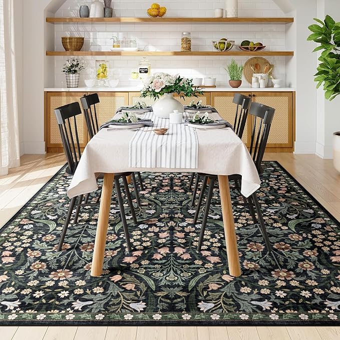 8x10 Washable Area Rug for Living Room, Floral Non-Slip Non-Shedding & Easy Care, Large Soft Low Pile Botanical Indoor Floor Carpet for Living Room, Bedroom, Dining Room, Kids Playroom, Nursery, Black