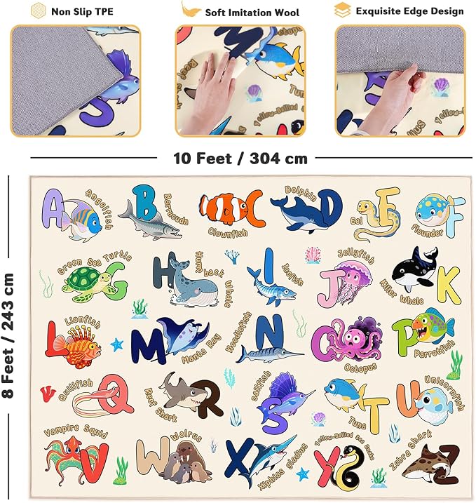 Kids Rugs for Playroom, 8x10 Ft Educational Rug for Learn The ABC Alphabet, Soft Machine Washable Non-Slip Cute Marine Organisms Carpet for Classroom Toddler Nursery Kids Room Decor, Beige