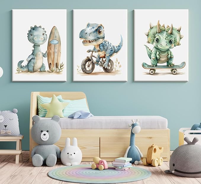 Funny Dinosaur Nursery Canvas Wall Art Surfing Skateboard Riding Dinosaur Painting Picture Wall Decor Sport Nursery dinosaur Print Artwork Poster Print Artwork for Boys Room Girls Room Home Decoration
