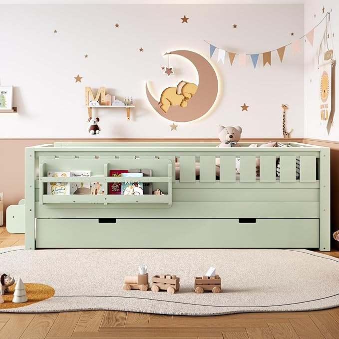 Bellemave Twin Bed with Trundle Twin and Stairs, Twin Size Platform Bed Frame with Fence and Bookshelf, Easy Assemble Beds for Kids, Girls, Boys, Green