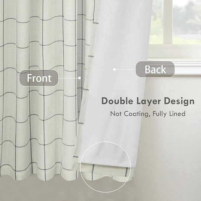 DriftAway 2 Panels 100% Blackout Windowpane Plaid Linen Curtains Double Layer Drapes for Bedroom 63 Inches Long Farmhouse Thermal Insulated 3.25 Inch Rod Pocket Back Tab for Living Room Black