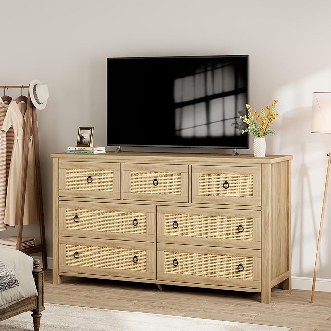 IDEALHOUSE Rattan Dresser for Bedroom with 7 Drawers, 54'' Wide Chest of Drawers with Large Clothes Storage Cabinet, Wood Bedroom Dresser, TV Stand for Nursery, Living Room, Hallway, Oak