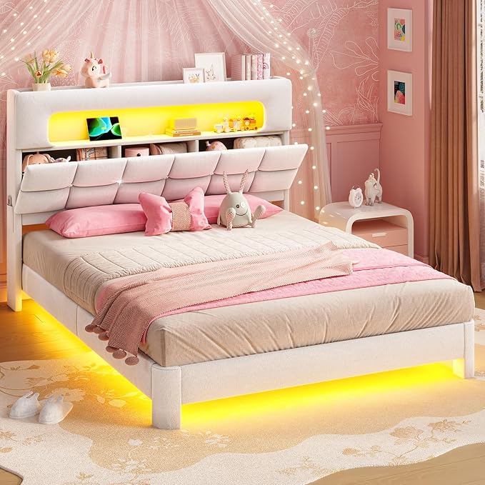 MSmask Full Upholstered LED Bed Frame with 2-Tier Storage Bookcase Headboard, Velvet Princess Bed with Crystal Button Tufted Headboard & Charging Station, Girls Platform Bed, Curved Legs, White
