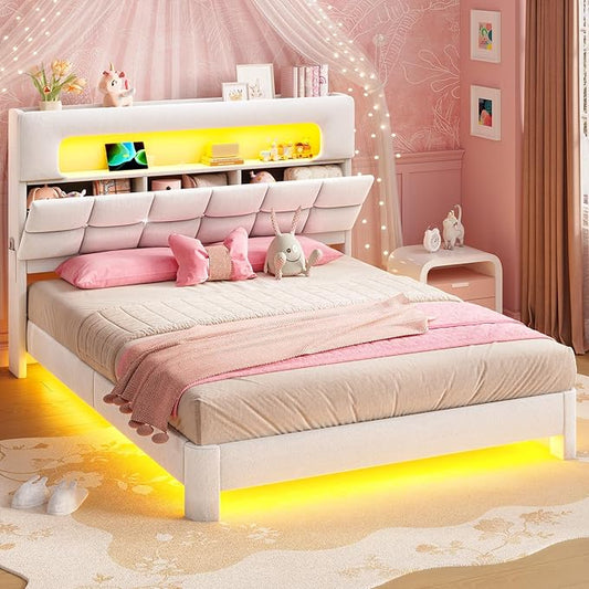 MSmask Full Upholstered LED Bed Frame with 2-Tier Storage Bookcase Headboard, Velvet Princess Bed with Crystal Button Tufted Headboard & Charging Station, Girls Platform Bed, Curved Legs, White