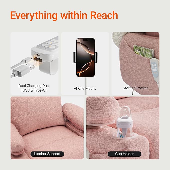 MAMAZING Oversized Electric Nursery Rocking Chair with Adjustable Armrests, Power Recliner Glider Nursing Chair for Breastfeeding, USB & Type-C Ports, Phone Holder, Oeko-TEX & FSC Certified(Pink)