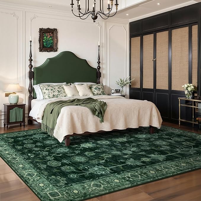 Tangsoo 6x9 Green Large Area Rug for Living Room, Non Slip Machine Washable Rug for Bedroom, Boho Distressed Vintage Floral Rugs, Soft Low Pile Floor Carpet for Dining Room Office Kitchen Farmhouse