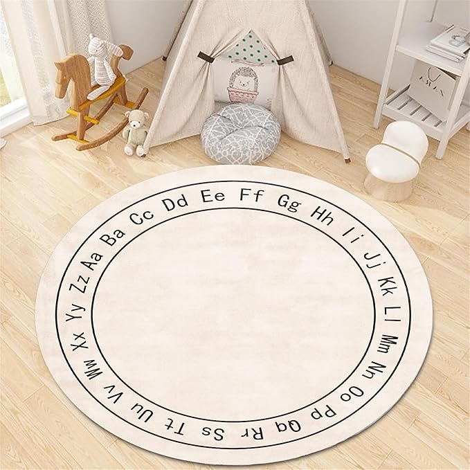 Children's Room Round Rug,4ft,Children's ABC Letter Educational Learning Round Rug, Non-Slip Washable Children's Room Play Rug, Suitable for Bedroom, Playroom, Boys and Girls Room Decoration