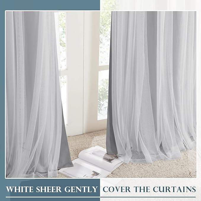 PONY DANCE Double-Layered Curtains White Sheer Solid Blackout Curtains 72 Inch Length Grommet Thermal Insulated Panels for Nursery Living Room/Sliding Glass Door (W52xL72, Silver Grey, One Pair)