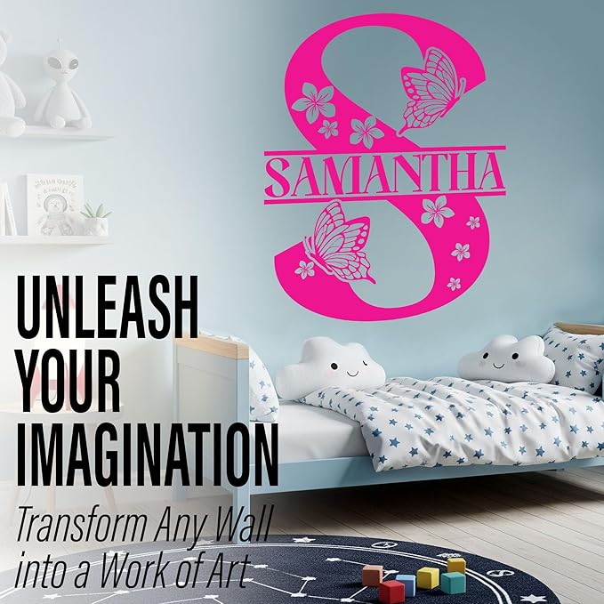 Custom Flower Butterfly Split Name Wall Decal Personalized Letter Monogram Transparent DTF Vinyl Removable Nursery Wall Decal for Kids Room, Living Room, Teen Bedroom, Car, Cute Home Decor Gift