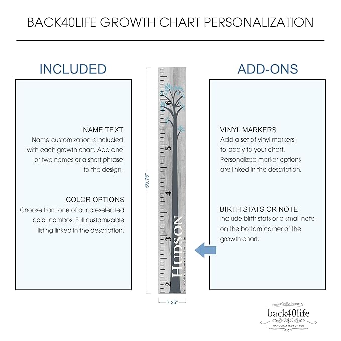 Wooden Kids Growth Height Chart Ruler for Boys and Girls Painted (The Hudson) by Back40Life