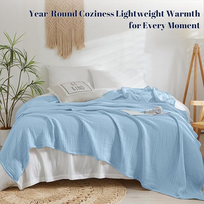 PHF 100% Cotton Muslin Blanket Queen Size 90"x90", 4-Layer Lightweight Gauze Throw, Breathable Cloud-Soft Minimalist Blanket for Bed, Couch, Camping & Baby, Sky Blue, Ideal Gift