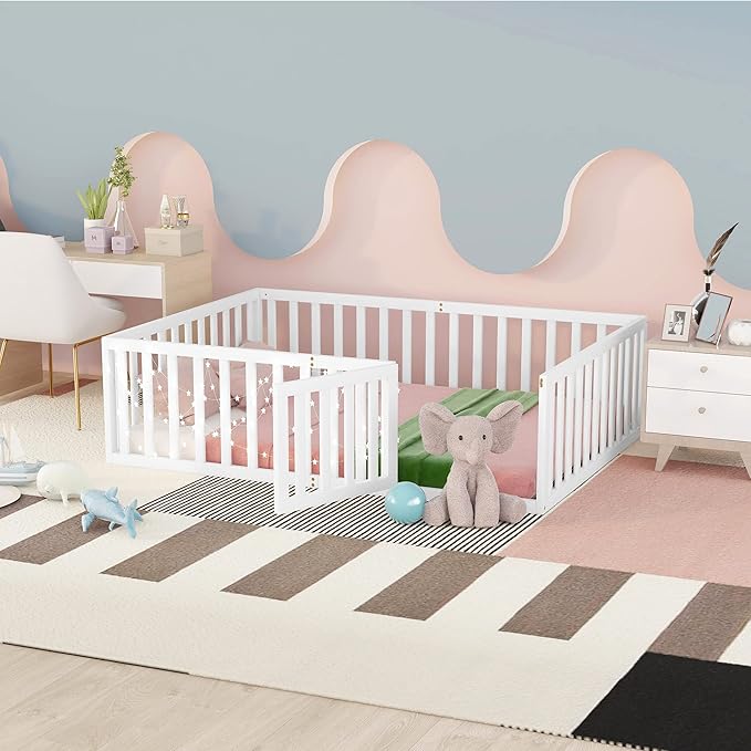 Merax Full Floor Bed with Safety Guardrails and Door, Wood Montessori Floor Bed Frame for Kids, Full Playhouse Bed Frame for Baby Girls and Boys, White