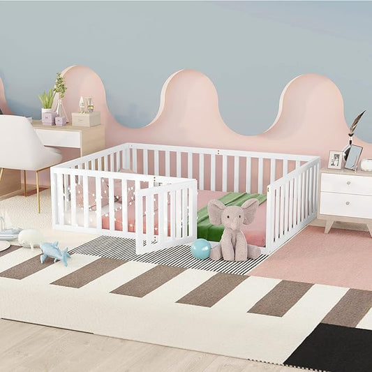 Merax Full Floor Bed with Safety Guardrails and Door, Wood Montessori Floor Bed Frame for Kids, Full Playhouse Bed Frame for Baby Girls and Boys, White