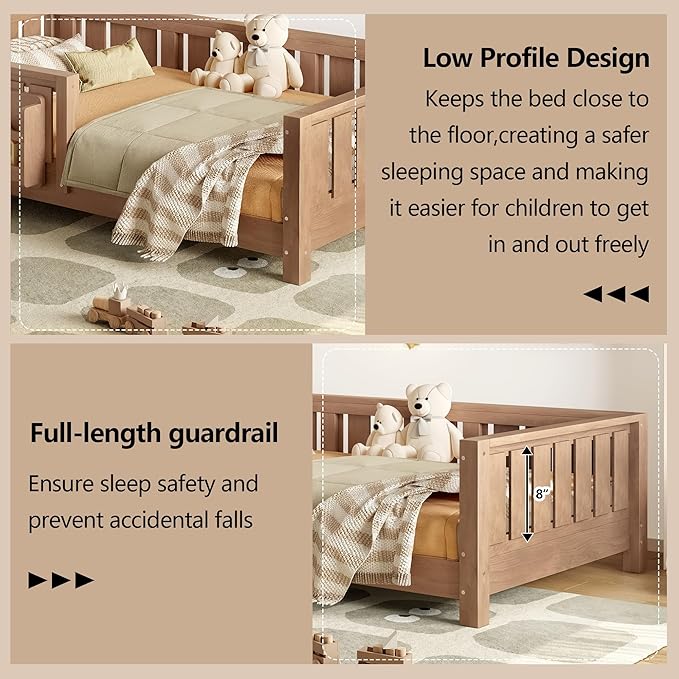 Bellemave Twin Floor Bed with Slats and Safety Guardrail, Twin Size Montessori Floor Bed with Fence and Built-in Bookshelf, Easy Assemble Montessori Beds for Kids, Girls, Boys, Natural