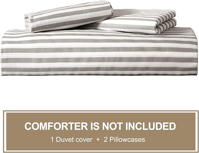 JELLYMONI 100% Natural Cotton 3pcs Striped Duvet Cover Sets,White with Grey Stripes Pattern Printed Comforter Cover,with Zipper Closure & Corner Ties(King Size)