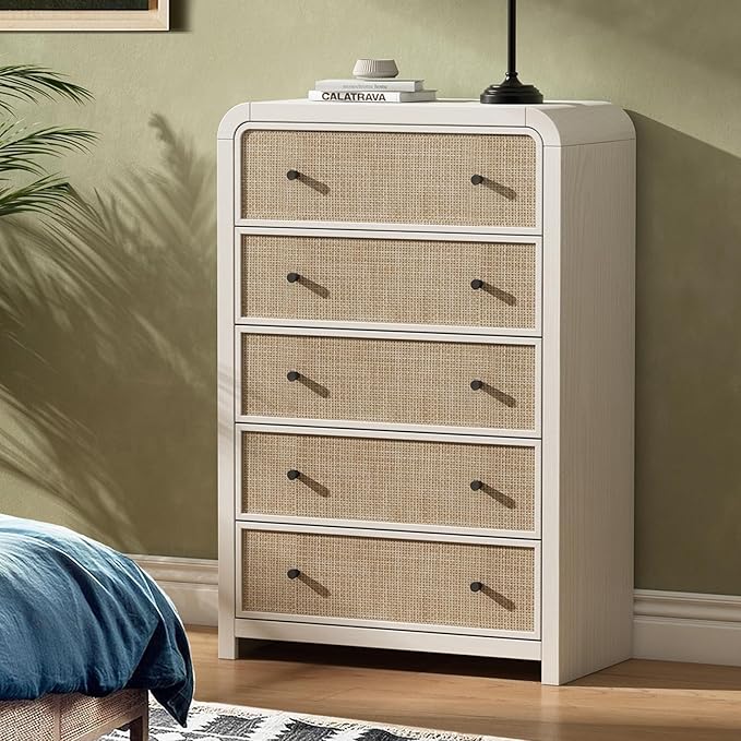 Oak&Sparrow 5 Drawer Tall Dresser for Bedroom, 47'' Rattan Dresser with Ample Storage, Boho Chest of Drawers, Thickened Curved Profile Design, Oak Dressers for Bedroom, Living Room