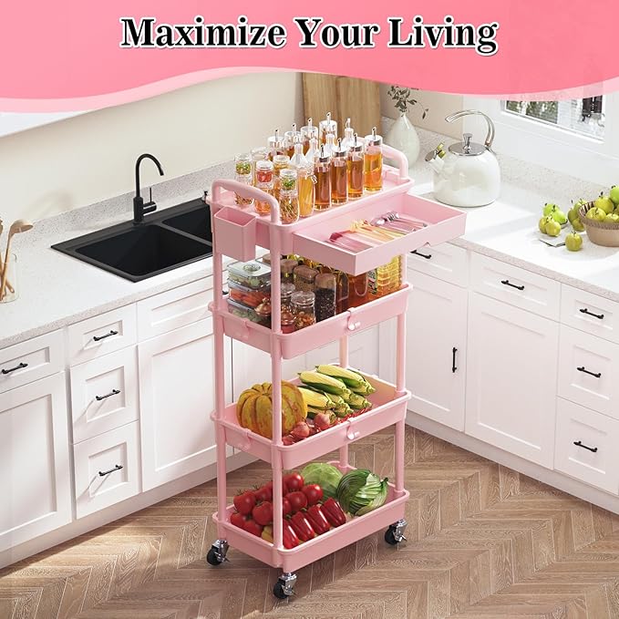 4 Tier Rolling Utility Cart with Drawer, Storage Organizer Cart with 2 Lockable Wheels, Multifunctional Rolling Storage Cart for Bathroom, Kitchen, Craft, Makeup, Baby Essentials, Pink