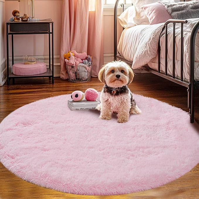 Round Fluffy Pink Rug 5x5ft: Ultra Soft Furry Girls Bedroom Carpet- Plush Rug for Girls & Kids, Fuzzy Bedside Carpet for Baby (5ft, Pink)
