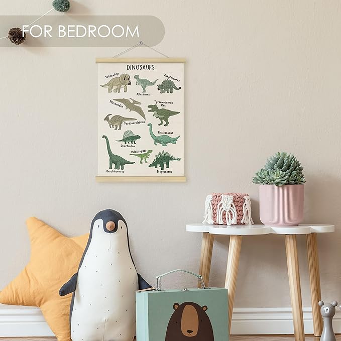 Fewgb Dinosaur Breed Chart Wall Art Decor for Boys Nursery Kids Room Bedroom Playroom Classroom, Dinosaurs Learning Hanging Poster Framed with Hanger Picture Prints 12x16
