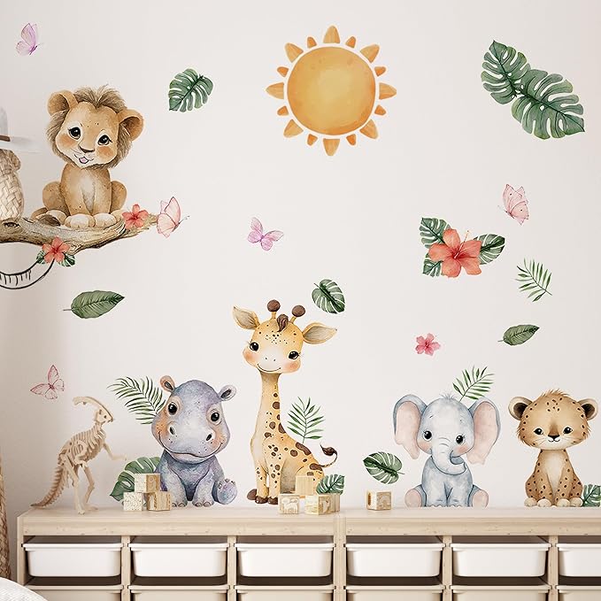 Animal Wall Decals,Animals Giraffe Lion Theme Art Wall Sticker Decors,Peel and Stick Elephants Giraffe Lion Decals for Kids Bedroom Nursery Playroom Library Living Room and Bedroom Decor