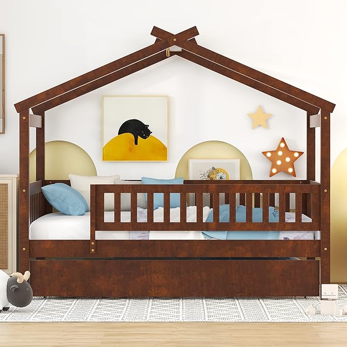 Harper & Bright Designs Twin House Bed with Trundle, Kids Twin Platform Frame Rails and Roof, Tent Bed, Wood Playhouse Twin Montessori for Teens Girls & Boys, No Box Spring Needed (Walnut)
