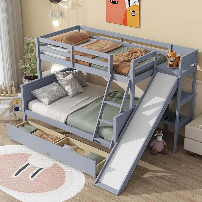 Twin Over Full Bunk Bed with 2 Drawers and Slide, Wood Bunk Bed Frame with Shelves and Ladder, Space Saving Design Bunk Bed for Kids Teens Boys Girls (Grey-x32c)