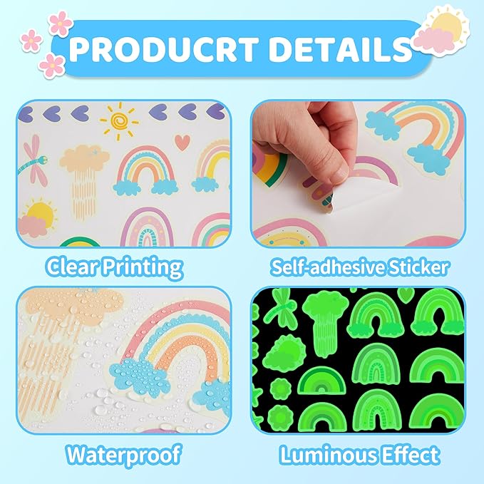 Rainbow Wall Decal Glow in The Dark, Small Watercolor Heart Star Flower Stickers for Girls Room, Kids Boys Baby Nursery Decor