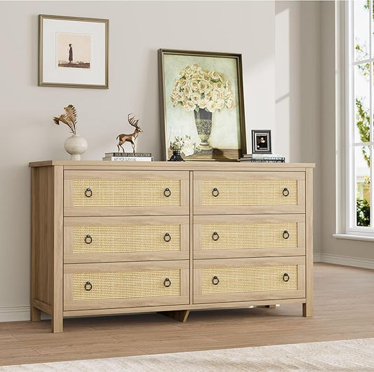 IDEALHOUSE Rattan Dresser for Bedroom with 6 Drawers, 47'' Wide Chest of Large Drawers with Large Clothes Storage Cabinet, Wood Bedroom Dresser, TV Stand for Nursery, Living Room, Hallway