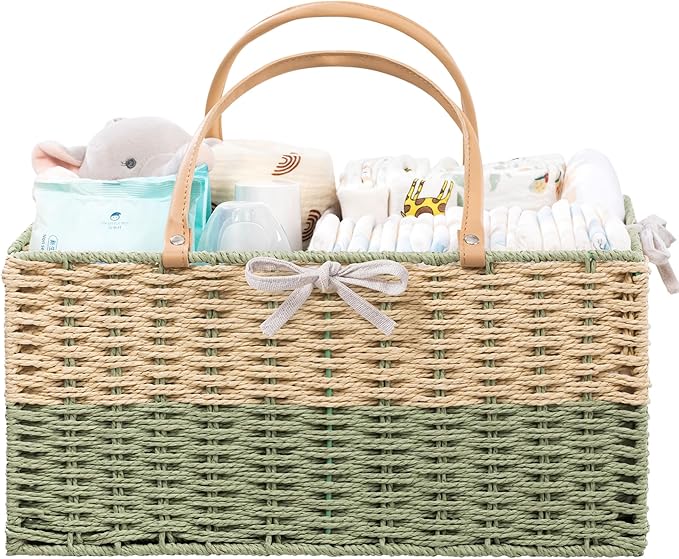 HBlife Large Diaper Caddy Organizer, Portable Paper Rope Woven Basket with Divider, Nursery Diaper Station Organizer, Baby Shower Gifts Basket & Car Organizer, Newborn Essentials