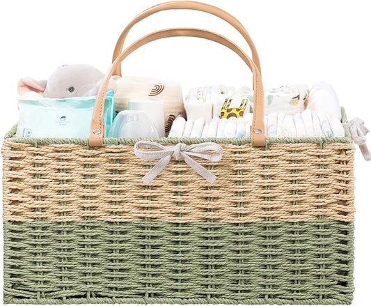 HBlife Large Diaper Caddy Organizer, Portable Paper Rope Woven Basket with Divider, Nursery Diaper Station Organizer, Baby Shower Gifts Basket & Car Organizer, Newborn Essentials