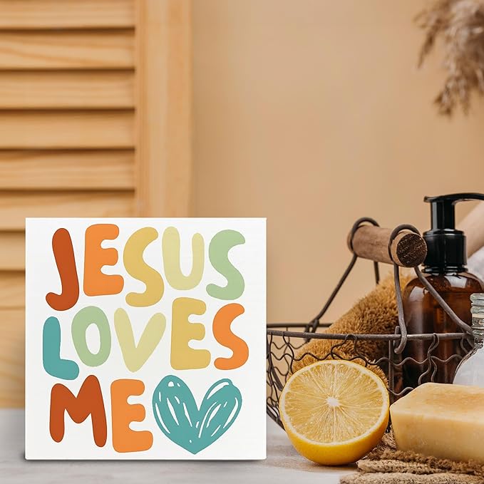 Baby Girl Nursery Christian Wood Box Sign, Christian Toddler Room Decor, Kids Bible Verse Decor, Jesus Loves Me Wooden Box Sign for Tabletop Shelf Home Desk 5x5 Inch