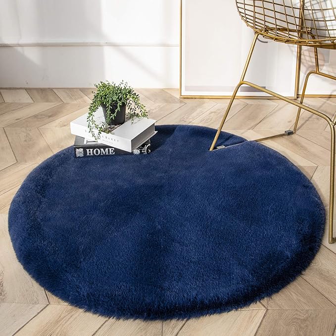 Ashler HOME DECO Ultra Soft FauxRabbit Fur Chair Couch Cover Area Rug for Bedroom Floor Sofa Living Room Dark Blue- 3 x 3 Feet Round