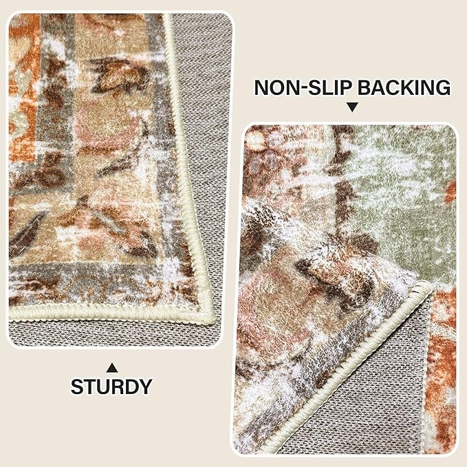 Vhong Washable Vintage Area Rugs Boho Neutral Modern Small Carpet 2x6 Brick Non Slip Runners for Kitchen Laundry Bedroom Living Room