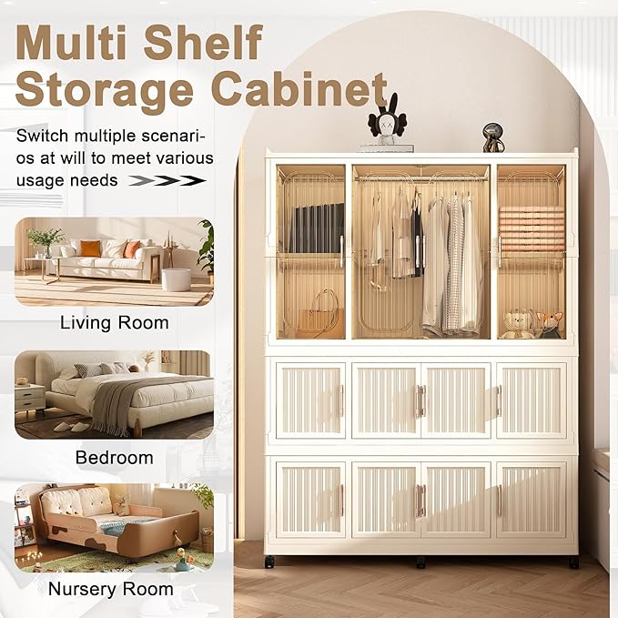 Kids Portable Wardrobe Closet Organizer with Magnetic Doors, 12 Cubes & 1 Hanging Rod, 6 PCS Hangers, Children's Plastic Wardrobe Closet for Bedroom Storage, Large Baby Wardrobe Storage Cabinet