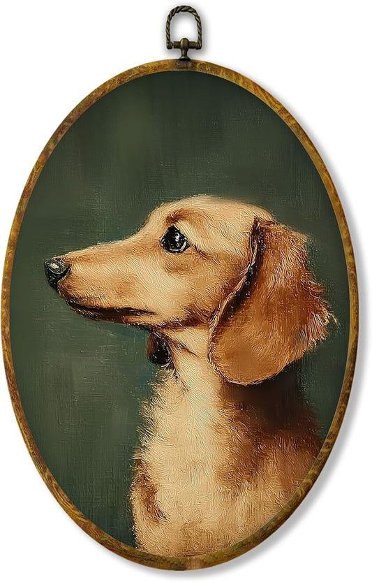 Hiuwevt Vintage Dachshund Oval Wall Art Decor, Dachshund Doxie Gifts for Women Framed Canvas Prints, Wiener Dog Gifts Oval Wall Hanging Decor for Bedroom Living Room Decorations, 8.6x11.4 Inches