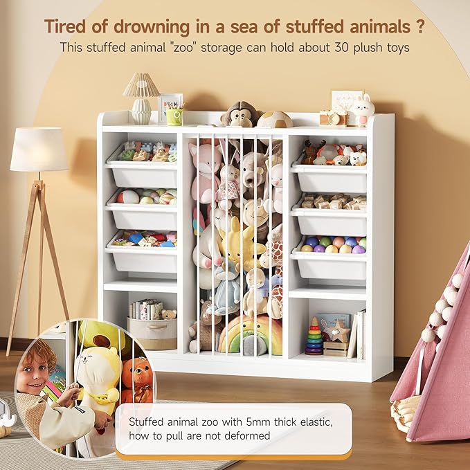 ONBRILL Toy Storage Organizer with 6 Removable Plastic Bins, Toddler Stuffed Animal Storage, Toy Box Cabinet with 2 Open Cubbies, Book Shelf for Kids Room Playroom Bedroom Nursery (White)