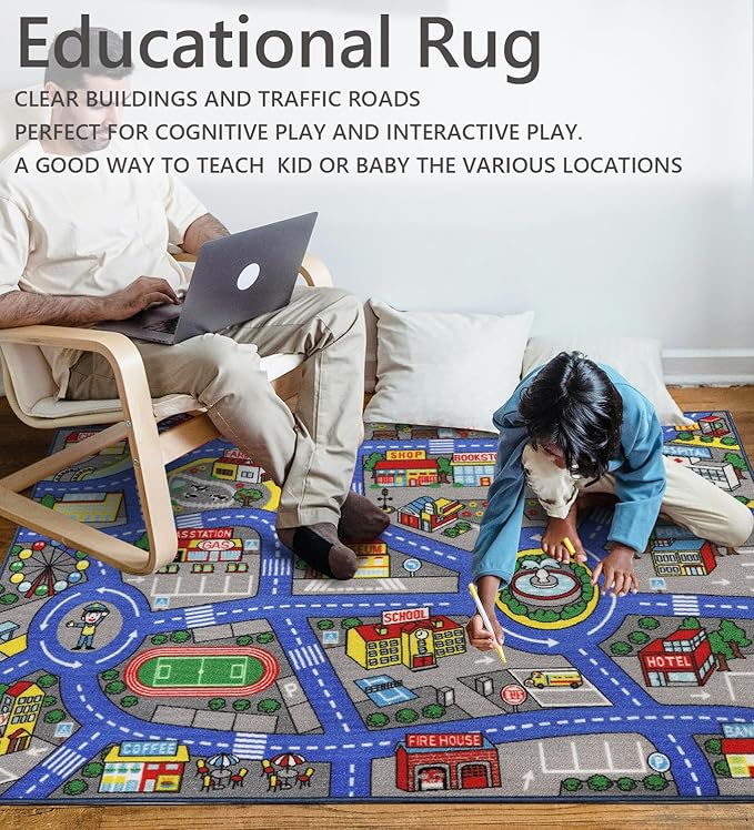 Kids Rug 3'3" x 5'2" City Life Playmat Area Rug Car City Map Washable Traffic Road Educational Learning Nursery Rug Carpet for Children Playroom Living Room Bedroom Classroom Decor Dark Blue